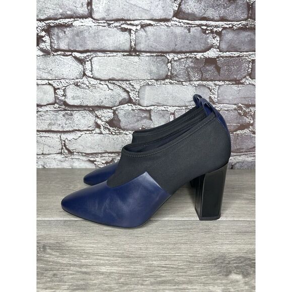 Via Spiga Midnight Navy Blue Leather Black Fabric Heels Women Sz 8.5B US/38.5EU - Picture 1 of 16